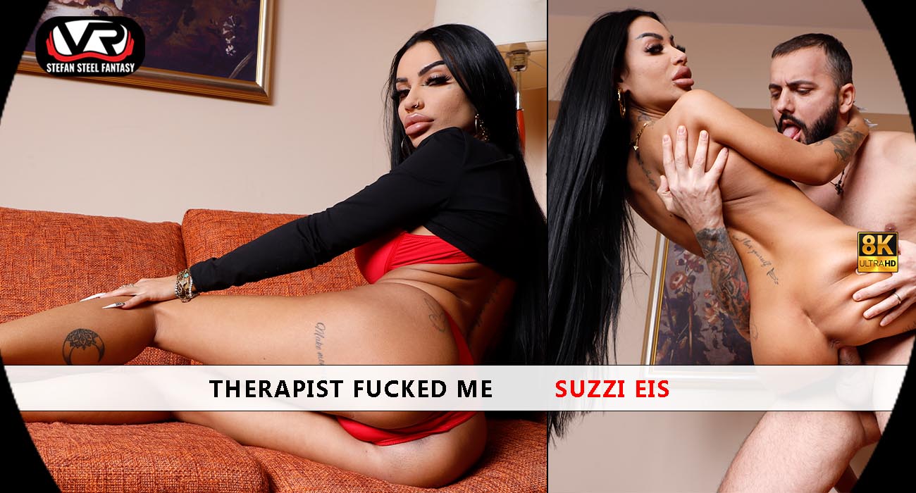 Brunette model Suzzi Eis performs a blowjob in a non POV VR scene with Stefan Steel Fantasy produced in 4K 60 FPS