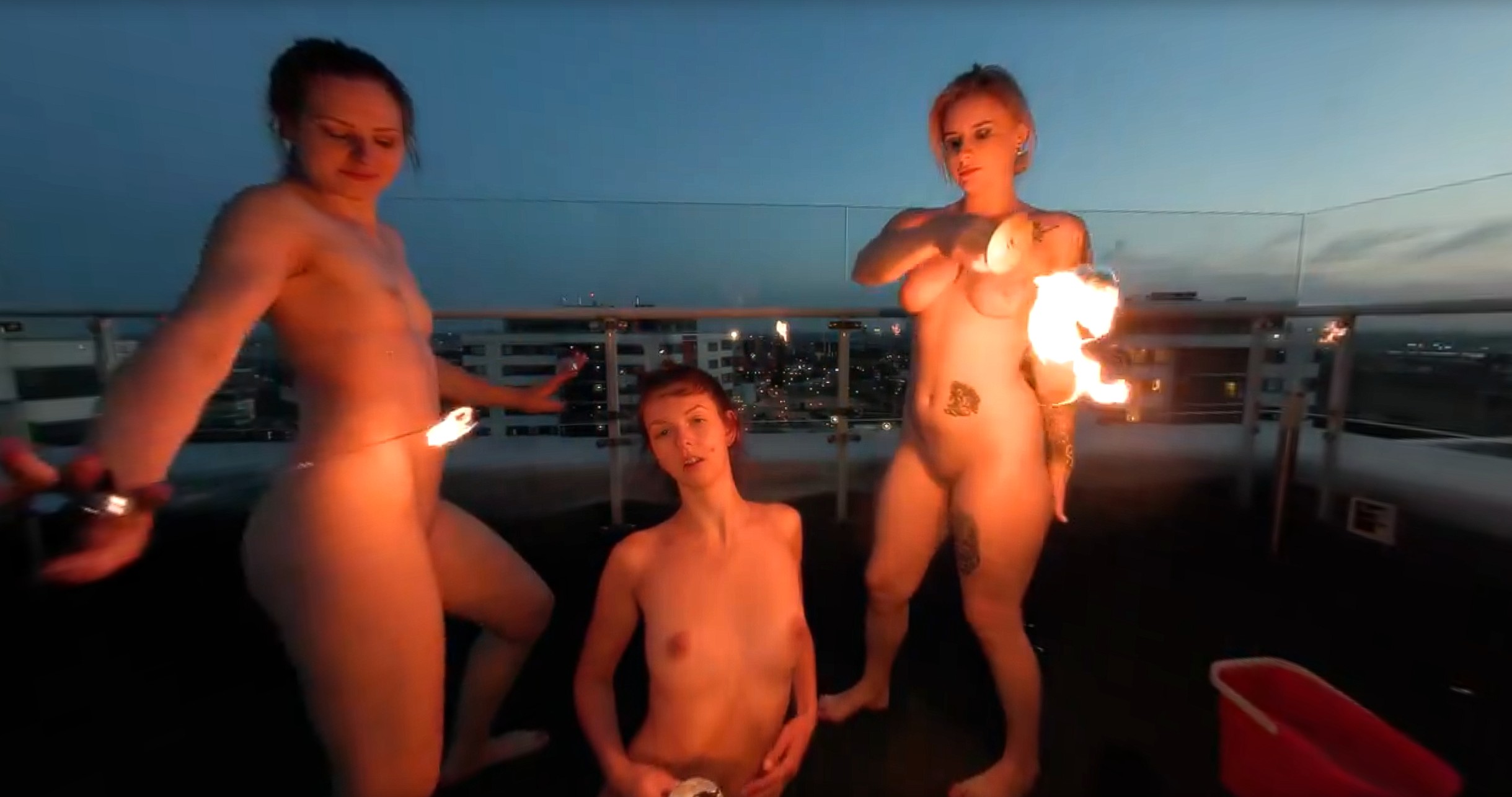 Two Girls Strip & Finger Outdoors at Sunset