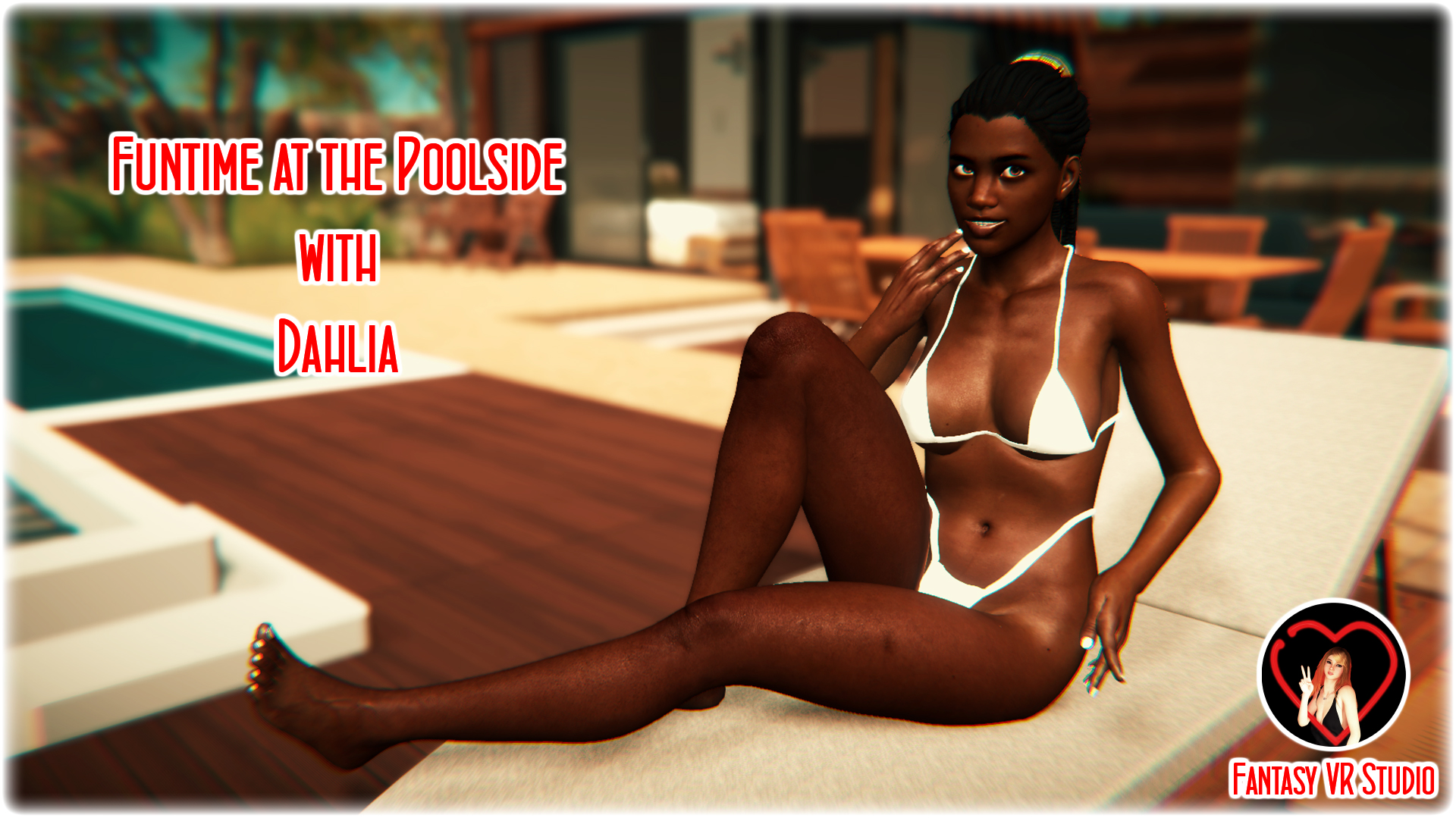Dahlia performs oral sex on camera in an outdoor poolside VR scene featuring interracial and teen content.