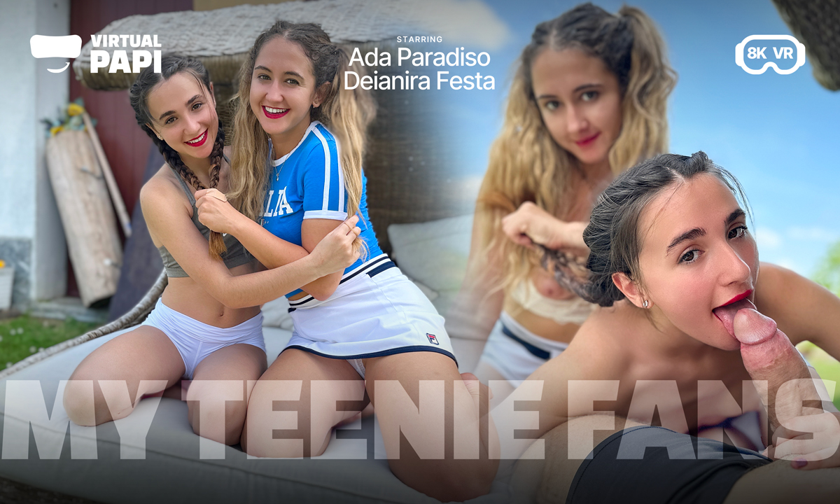 Deianira Festa and Ada Paradiso perform blowjobs in a 180 degree VR production featuring 4K resolution and brunette models.