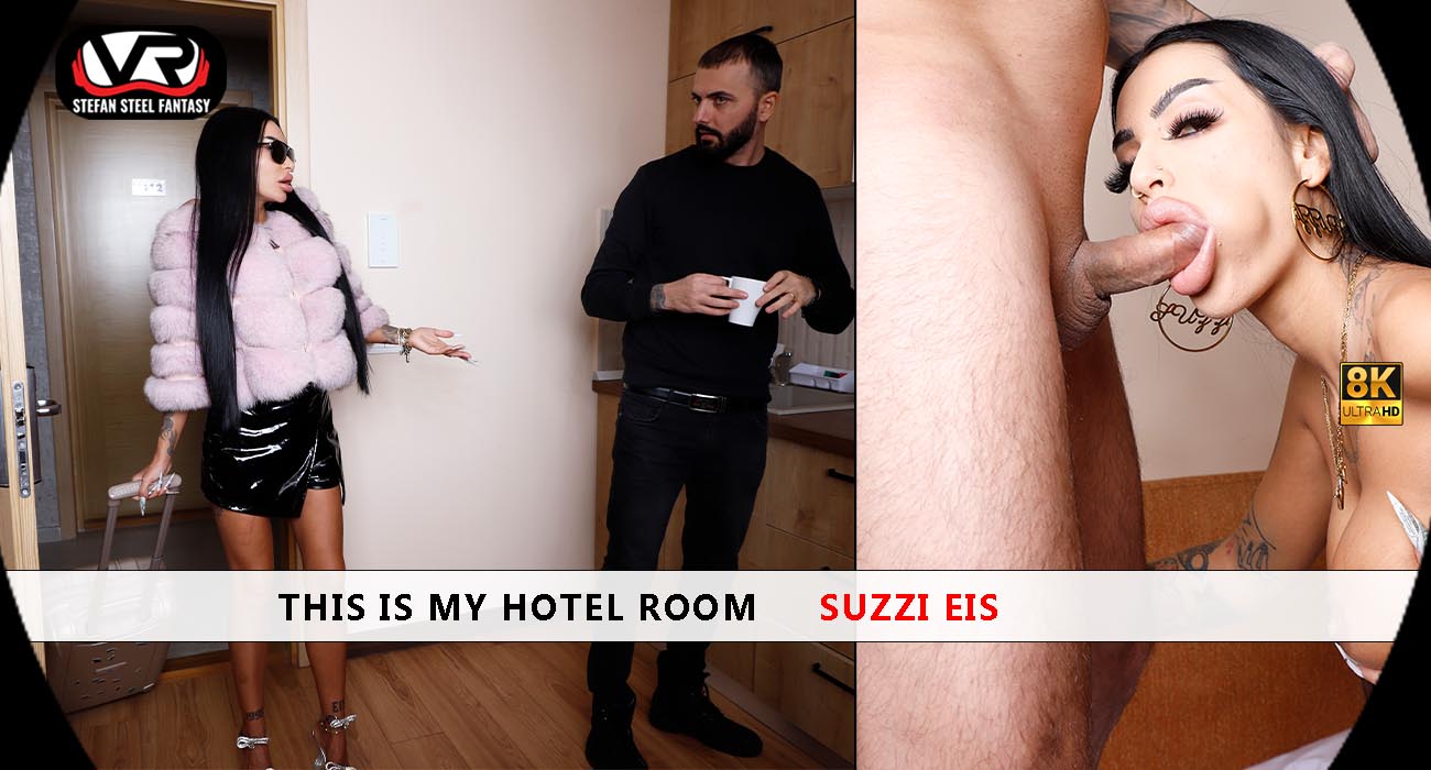 Suzzi Eis performs a POV blowjob in a hotel room, featuring 4K resolution and 60 FPS VR passthrough footage.