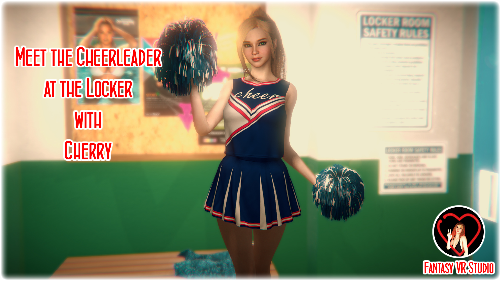 A blonde cheerleader in cosplay performs a POV blowjob on a locker room bench in a 4K FantasyVR production.