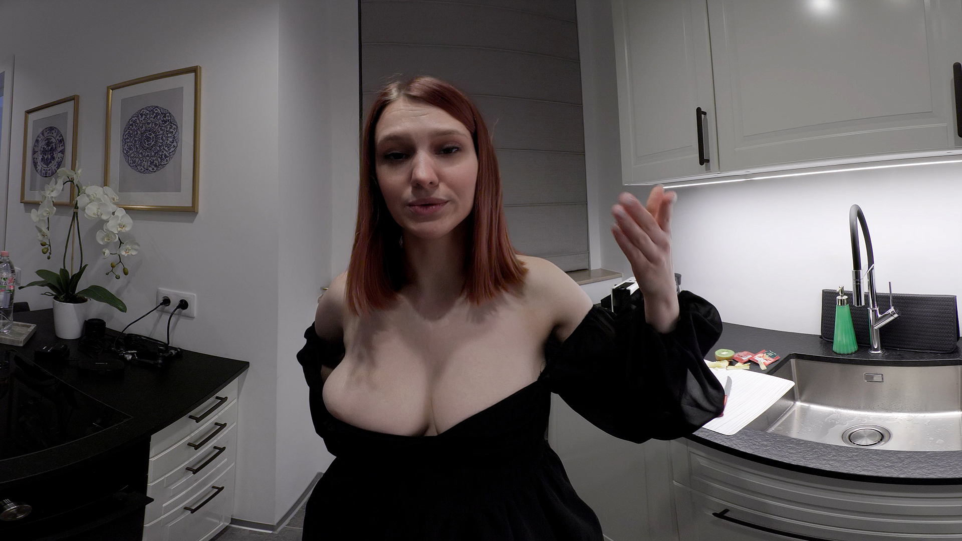 Alexandra Sheila performs a solo VR POV scene with big breasts holding an apple in 4K 60fps production by Plushies TV