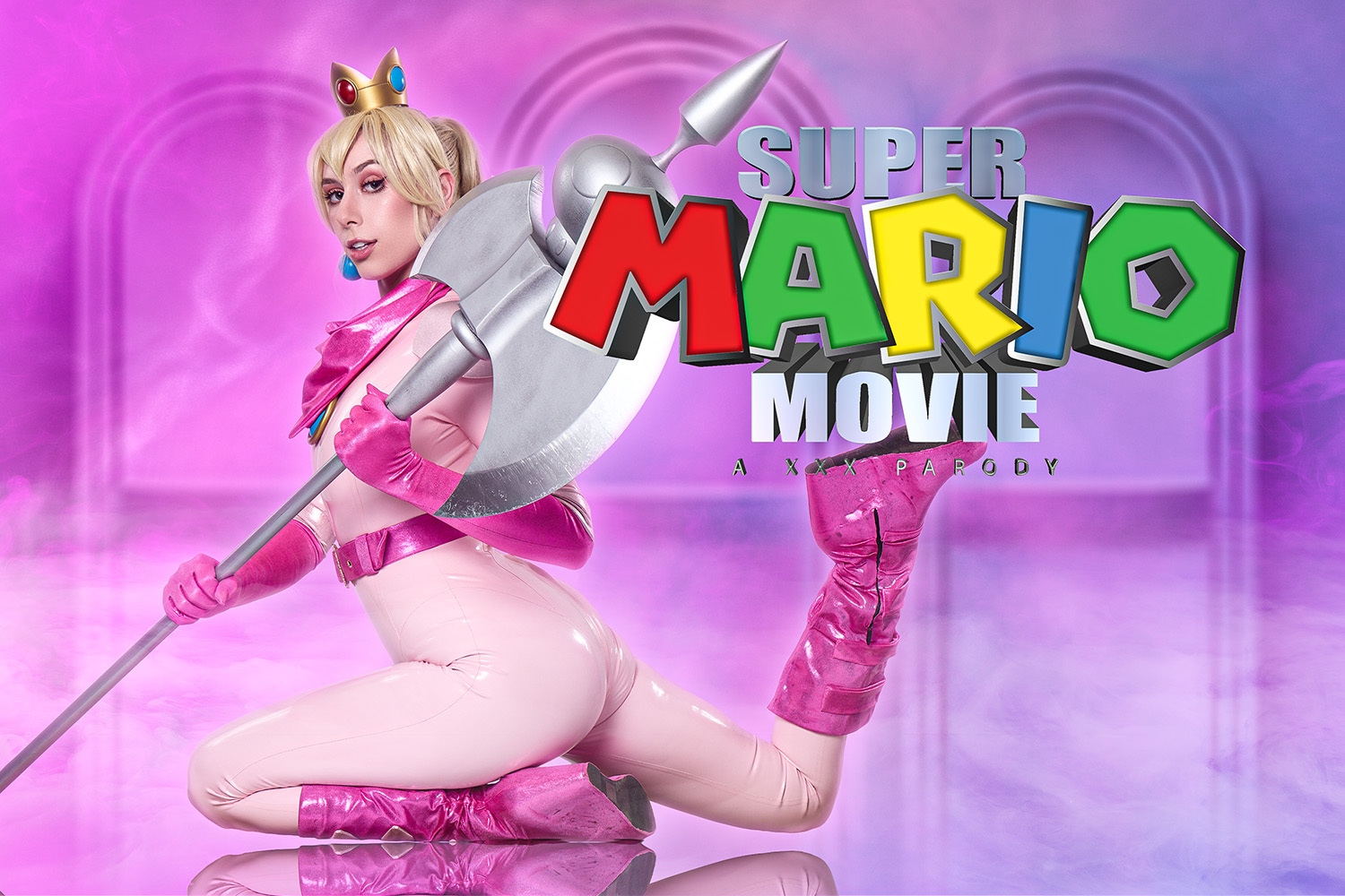 Kay Lovely cosplays Princess Peach performing a POV blowjob in a Super Mario Bros setting with 60 FPS VR video production.