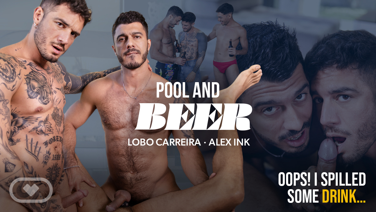 Roy West and Lobo Carreira enjoy anal and oral sex by the pool with Alex Ink in this 4K VR scene.