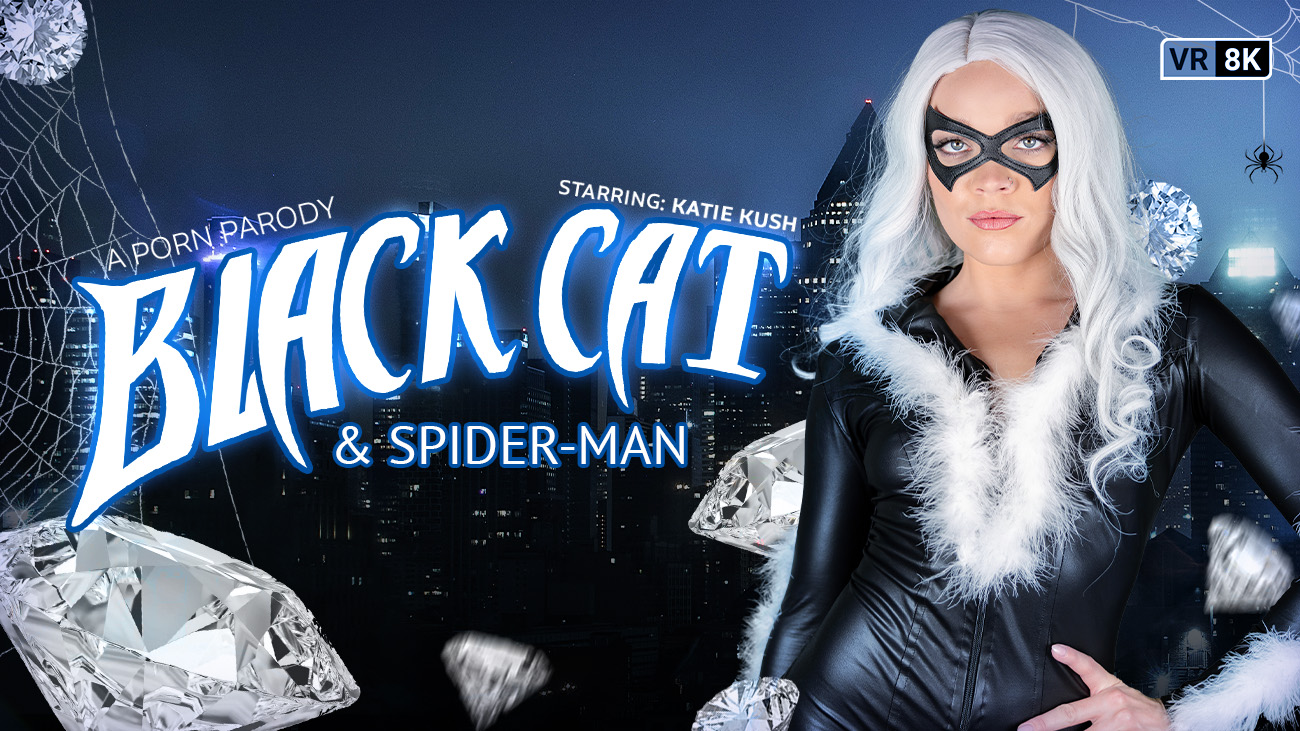 Katie Kush in Black Cat and Spider-Man cosplay performs a POV blowjob in 4K VR