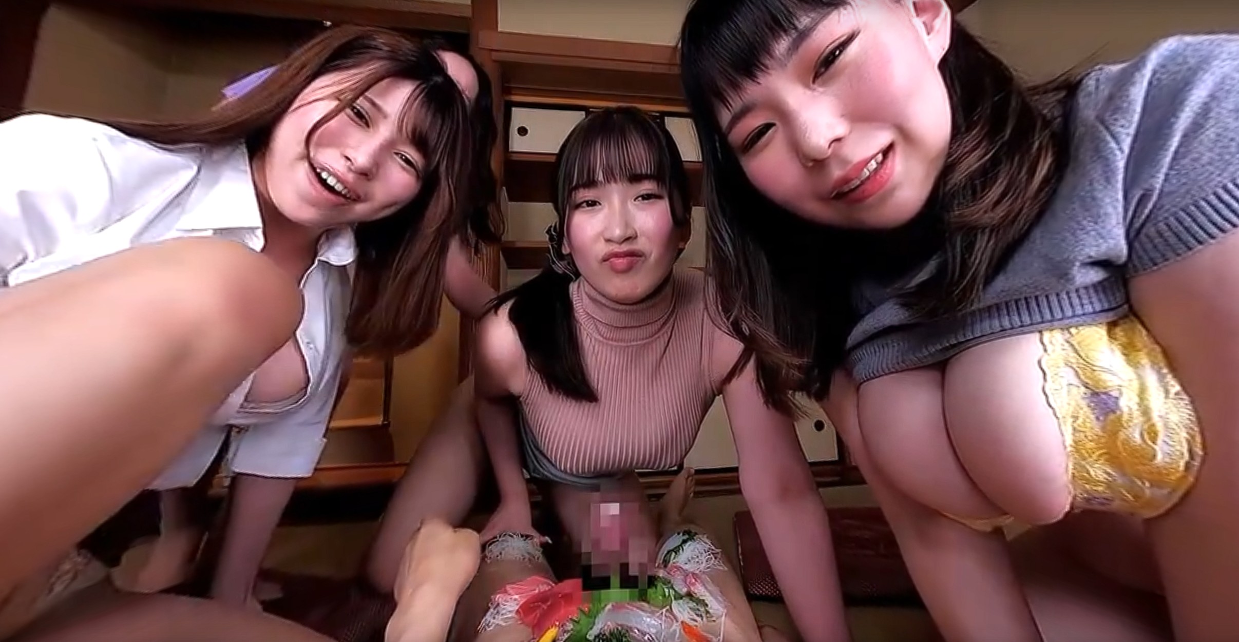 POV VR scene showing group sex with four female bosses at a hot spring during a business trip in 60 frames per second