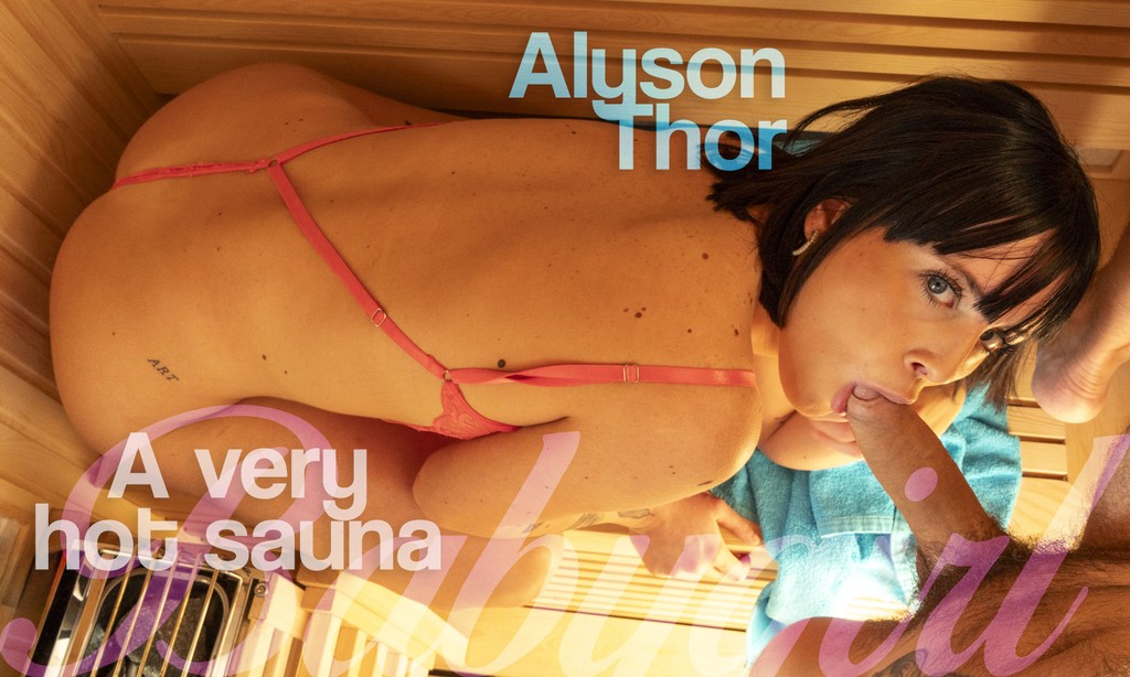 Alyson Thor performs oral sex and receives tongue stimulation in a sauna setting during this 4K non-POV VR video