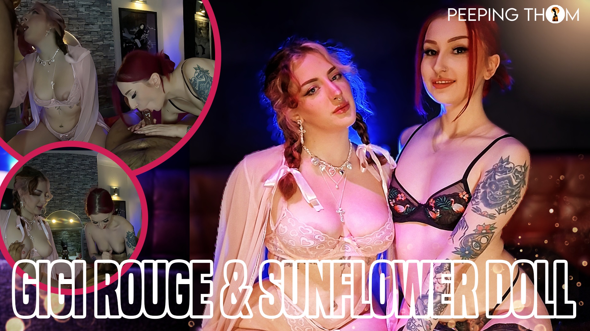 Redheads Sunflower Doll and Gigi Rouge perform group sex and oral acts on older men in a 4K VR scene with 60 FPS.