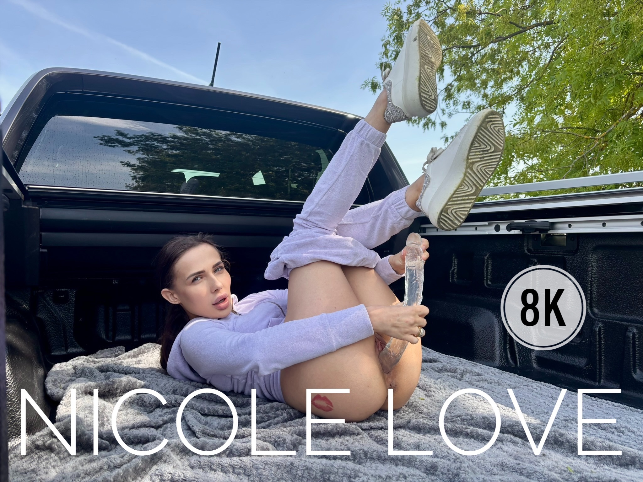 Brunette Nicole Love masturbates with a big dildo on a pickup in 4K VR POV outdoors at 60 fps.
