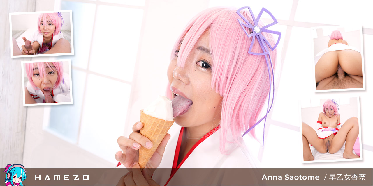 Anna Saotome performs a POV blowjob in cosplay for this 60 FPS Hamezo VR video featuring a creampie scene.