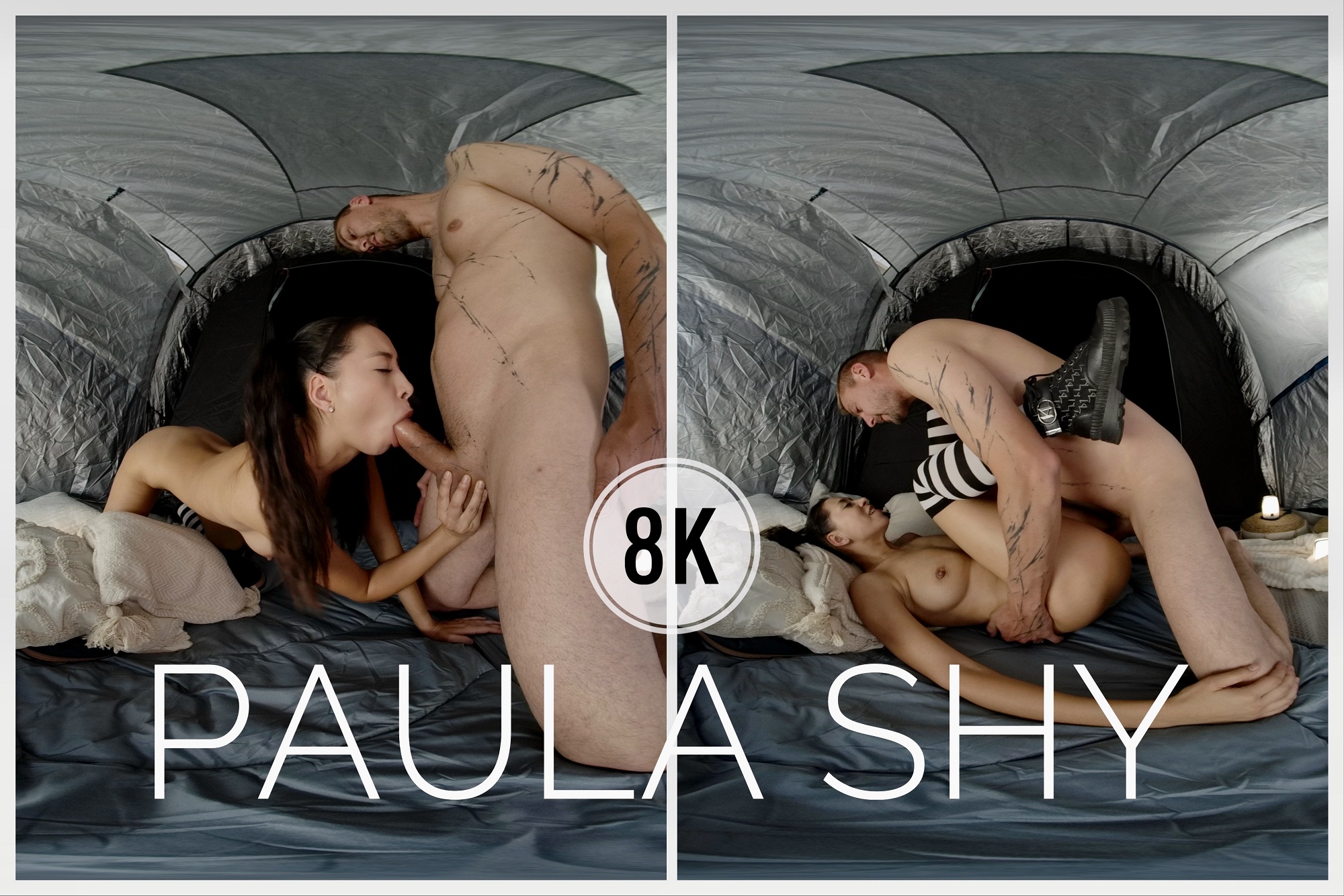 Brunette model Paula Shy gives a blowjob and licks pussy in a tent during this 4K VR video shot from a different perspective.
