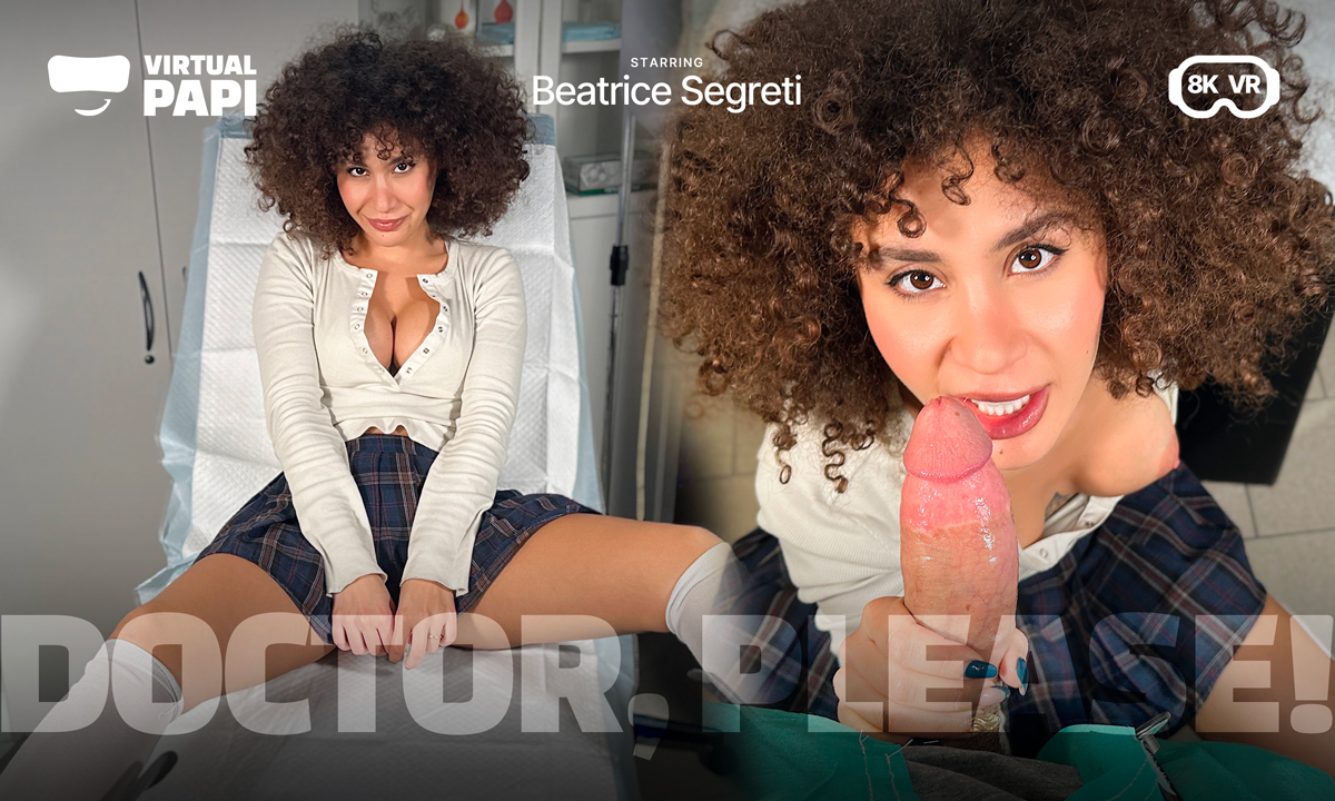 Brunette model Beatrice Segreti performs a POV blowjob on a doctor in a clinical setting for Virtual Papi in 4K resolution.
