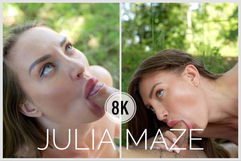 Julia Maze performs a POV blowjob outdoors in nature, filmed in 4K resolution at 60 frames per second for a premium VR experience.