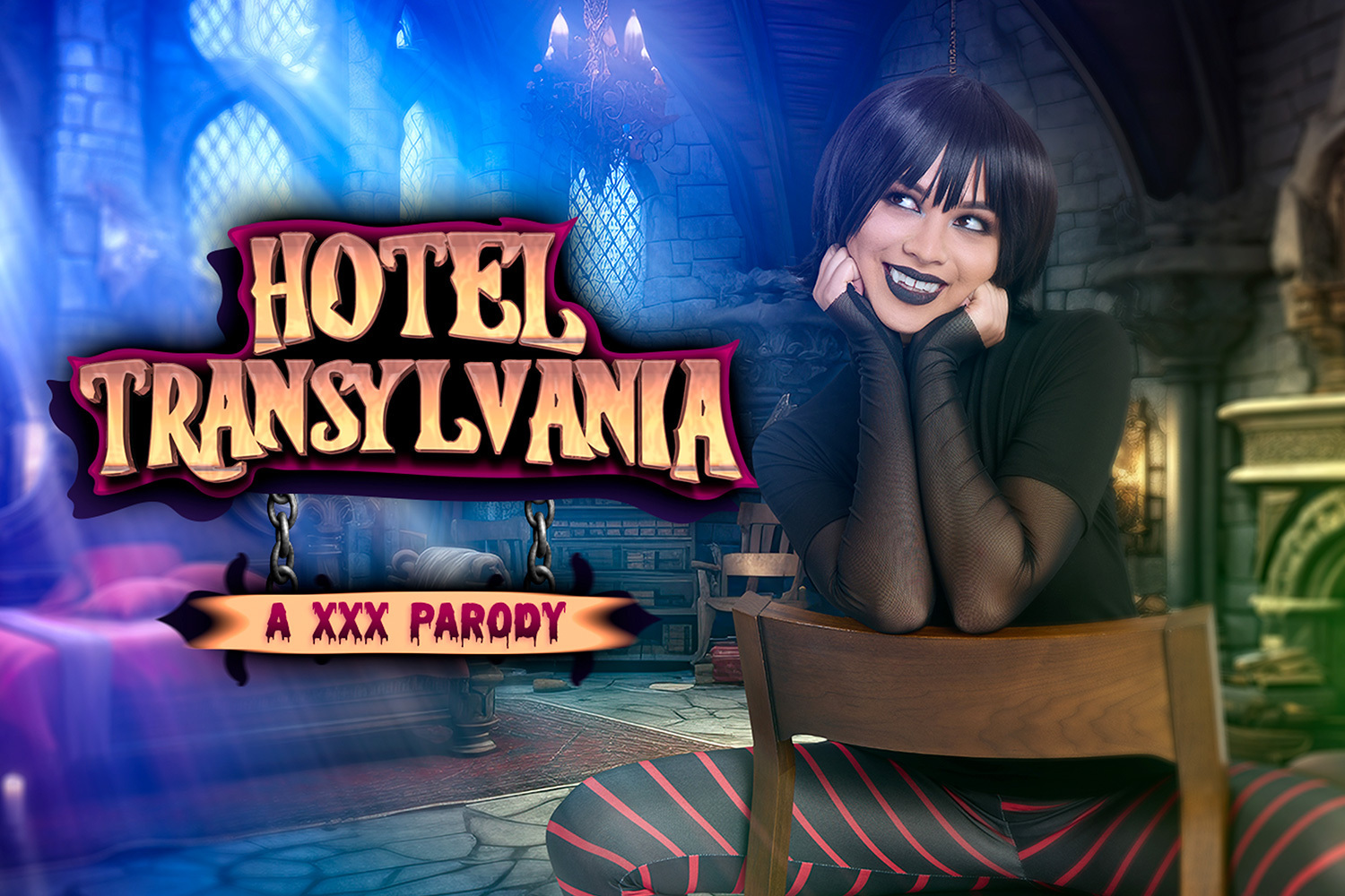 Scarlett Alexis in cosplay performs a POV blowjob in a hotel room setting for VRCosplayX premium VR content.