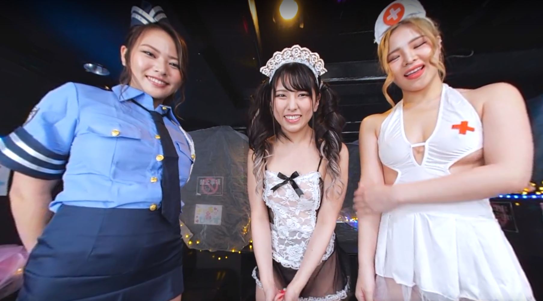 TMA VR features Arisu Otsu, Yusa Enokawa, and Shiori Kuraki in a cosplay group sex scene with POV blowjob at an Ikebukuro club in 60 FPS.