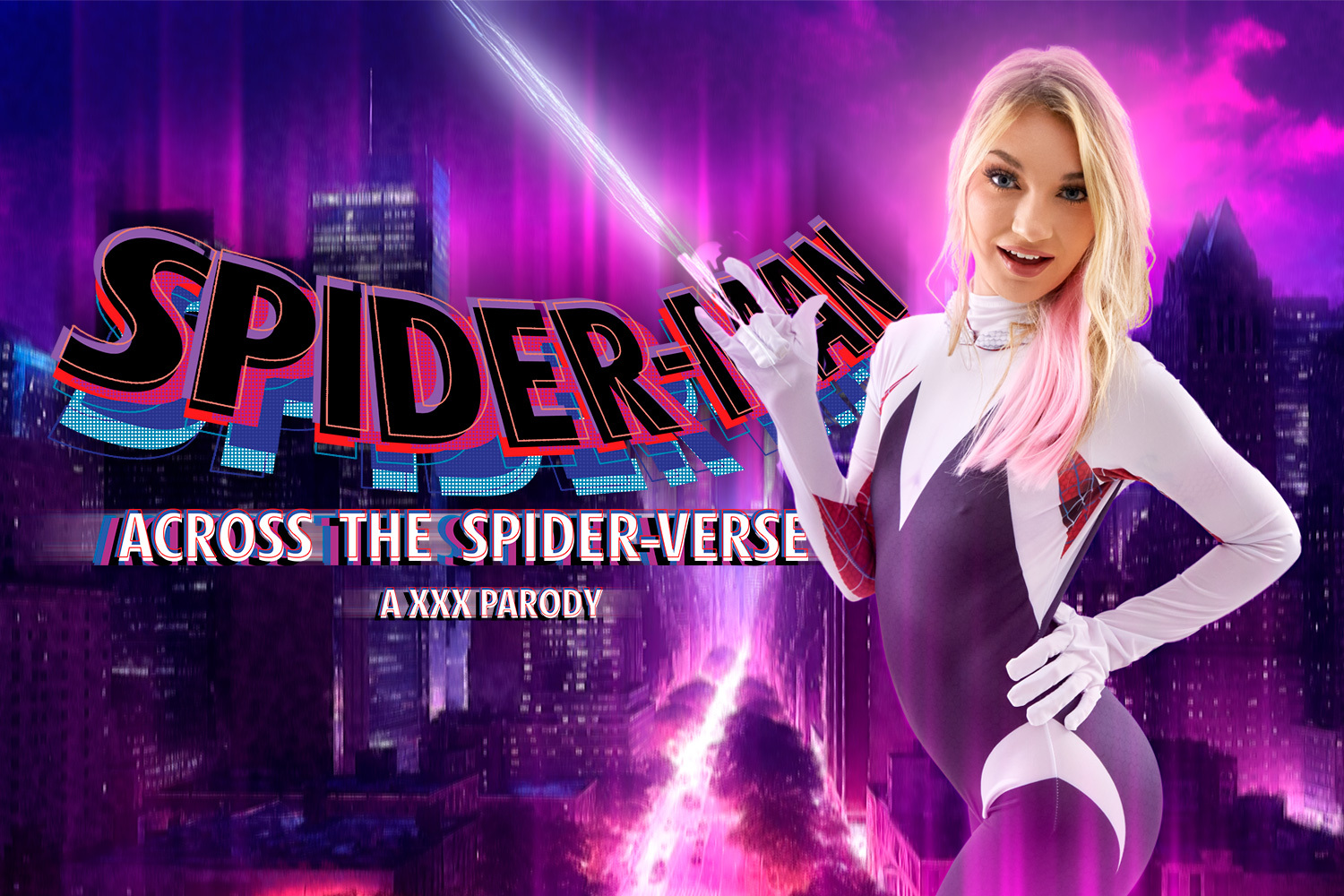 Daisy LaVoy in Gwen Stacy cosplay performs a POV blowjob in an 8K VR scene from VRCosplayX