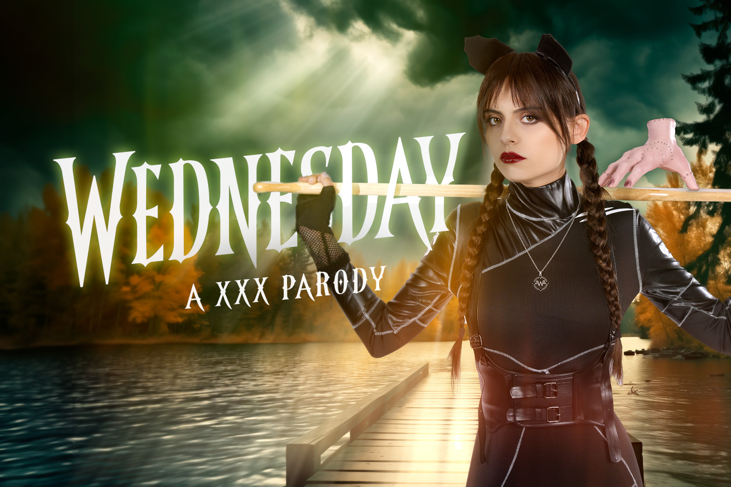 Angel Windell as Wednesday Addams performs a POV blowjob in a VR cosplay scene with 60 FPS quality.