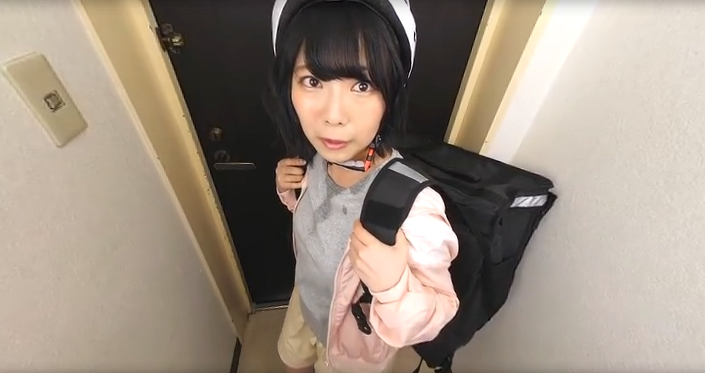 POV scene of a college girl performing oral sex on a delivery man in a VR format with 4K resolution and 60 FPS playback.