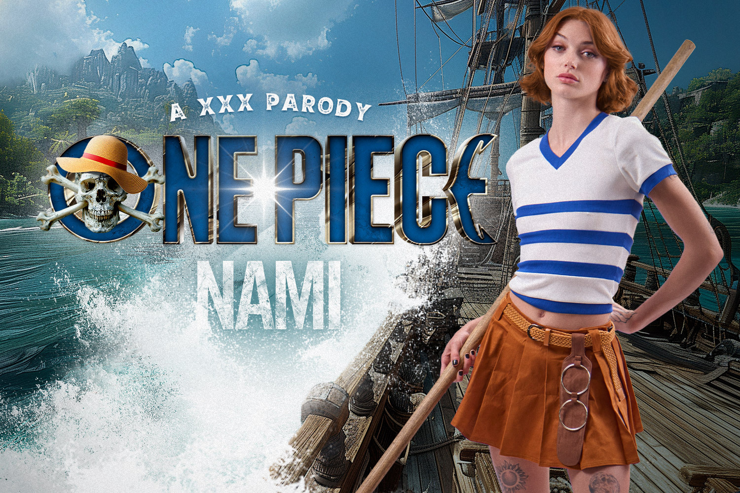 Shrooms Q as Nami performs a POV blowjob in cosplay for One Piece parody VR video