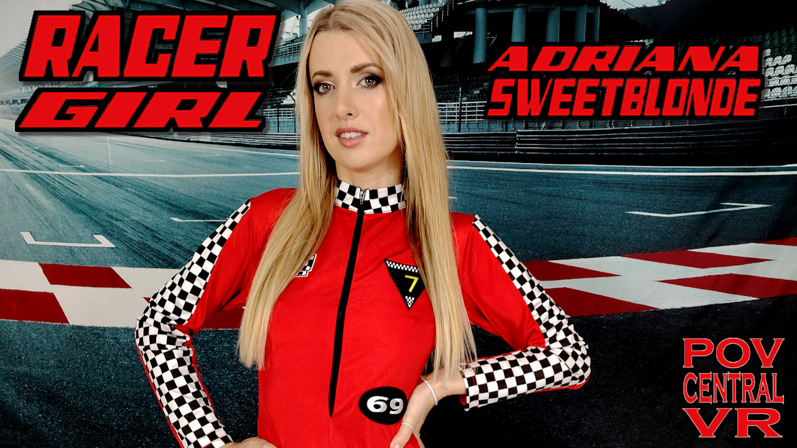 Adriana Sweet Blonde performs a POV blowjob and handjob while dressed as a racer girl in a 4K 60 FPS VR video.