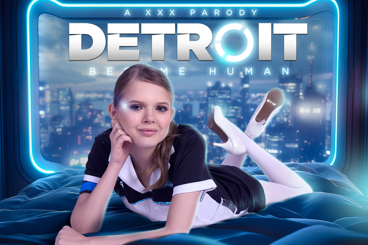 CoCo Lovelock cosplaying as Connor in Detroit Become Human parody VR video featuring POV and 60 FPS gameplay scenes.