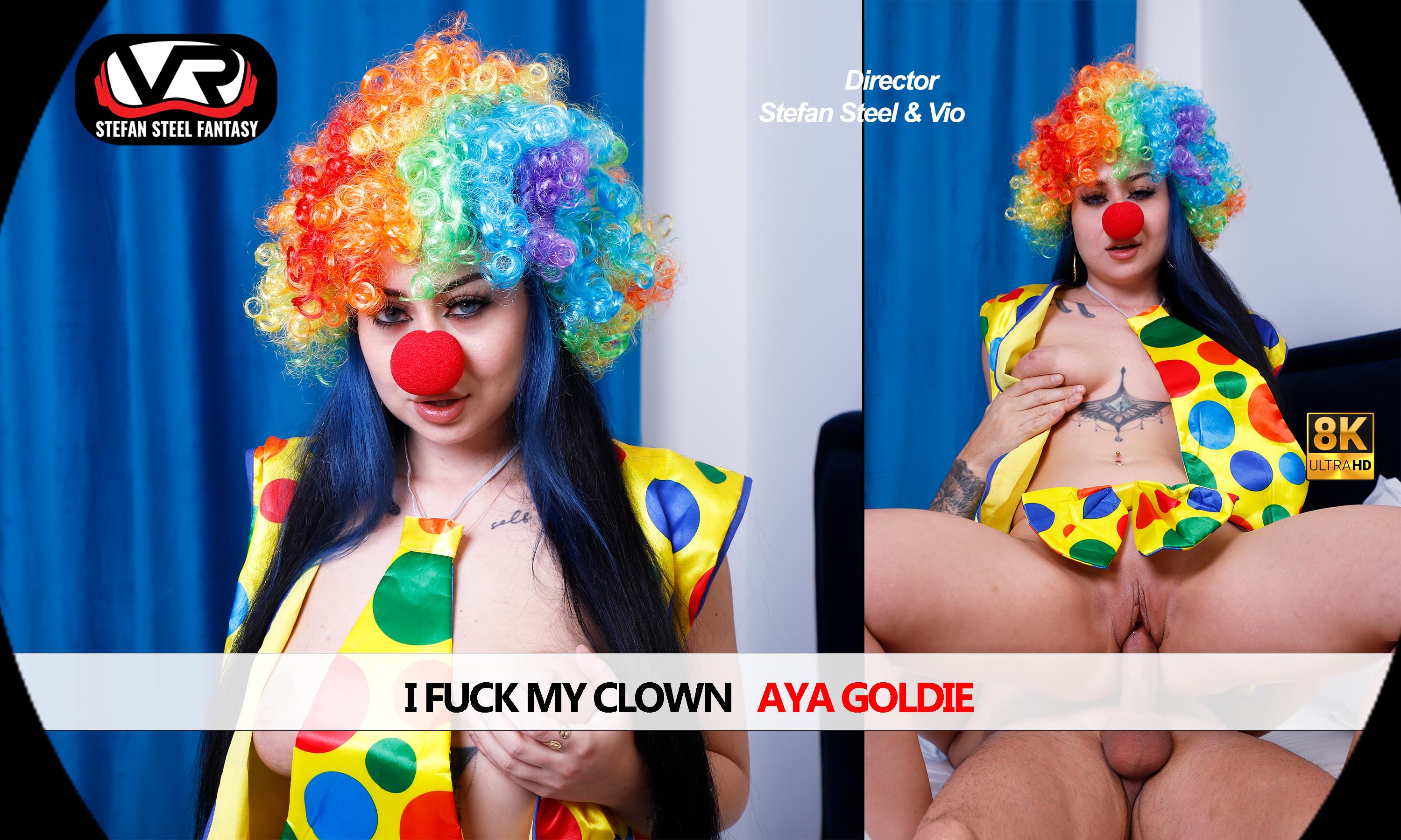 Aya Goldie in clown cosplay performs a POV blowjob for Stefan Steel Fantasy in 4K VR.