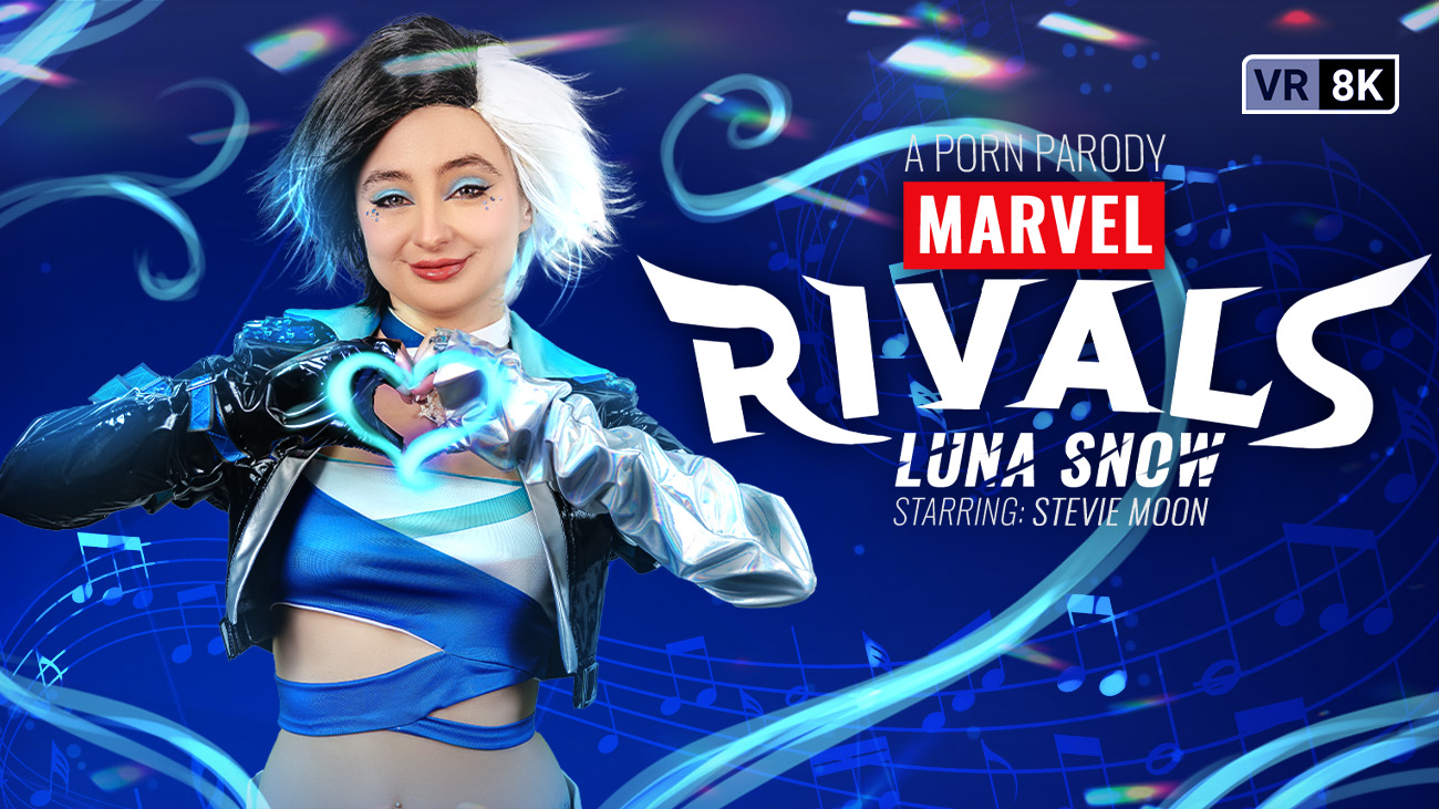 Stevie Moon cosplaying as Luna Snow performs a POV blowjob in a VR Conk Marvel Rivals parody video featuring 60 FPS gameplay visuals.
