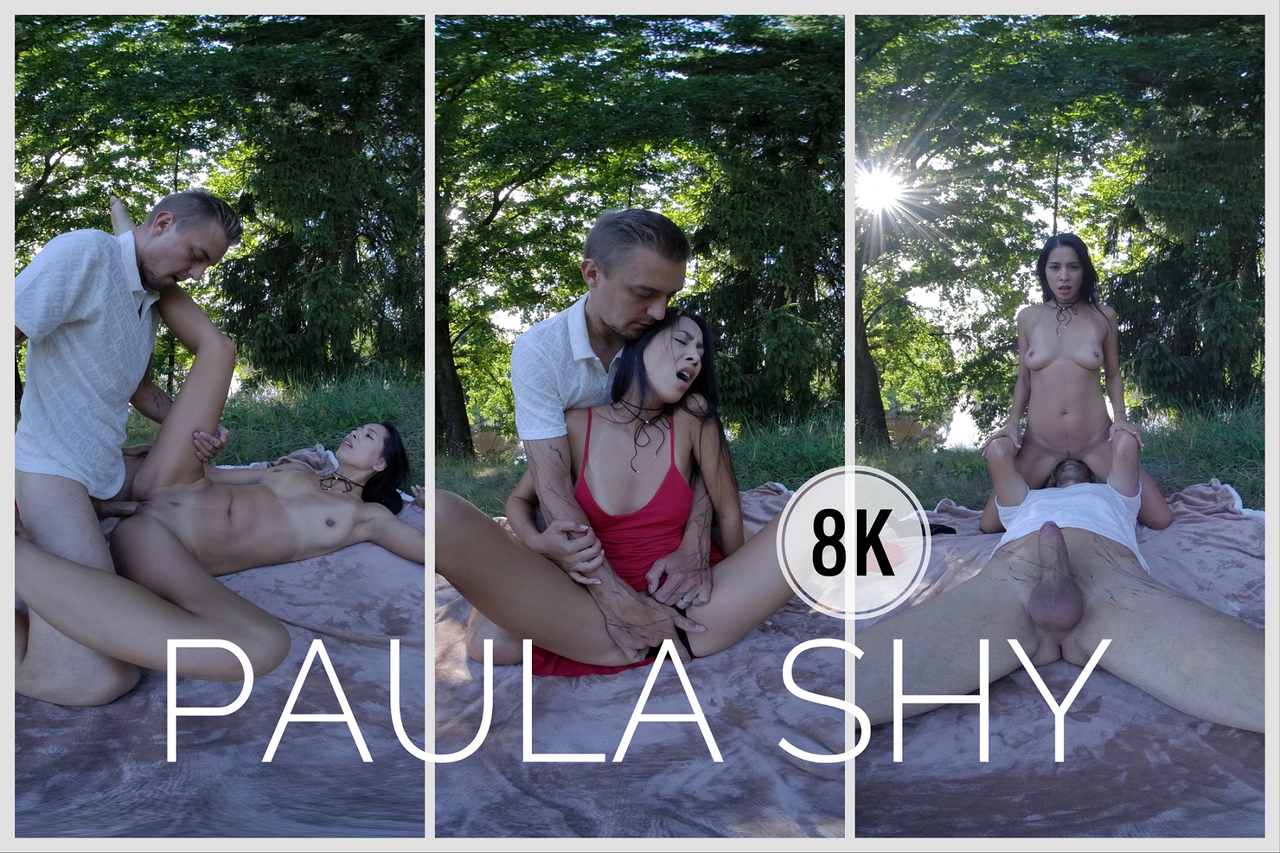 Brunette Paula Shy performs a blowjob outdoors during a trip in this 4K VR video with 60 FPS.
