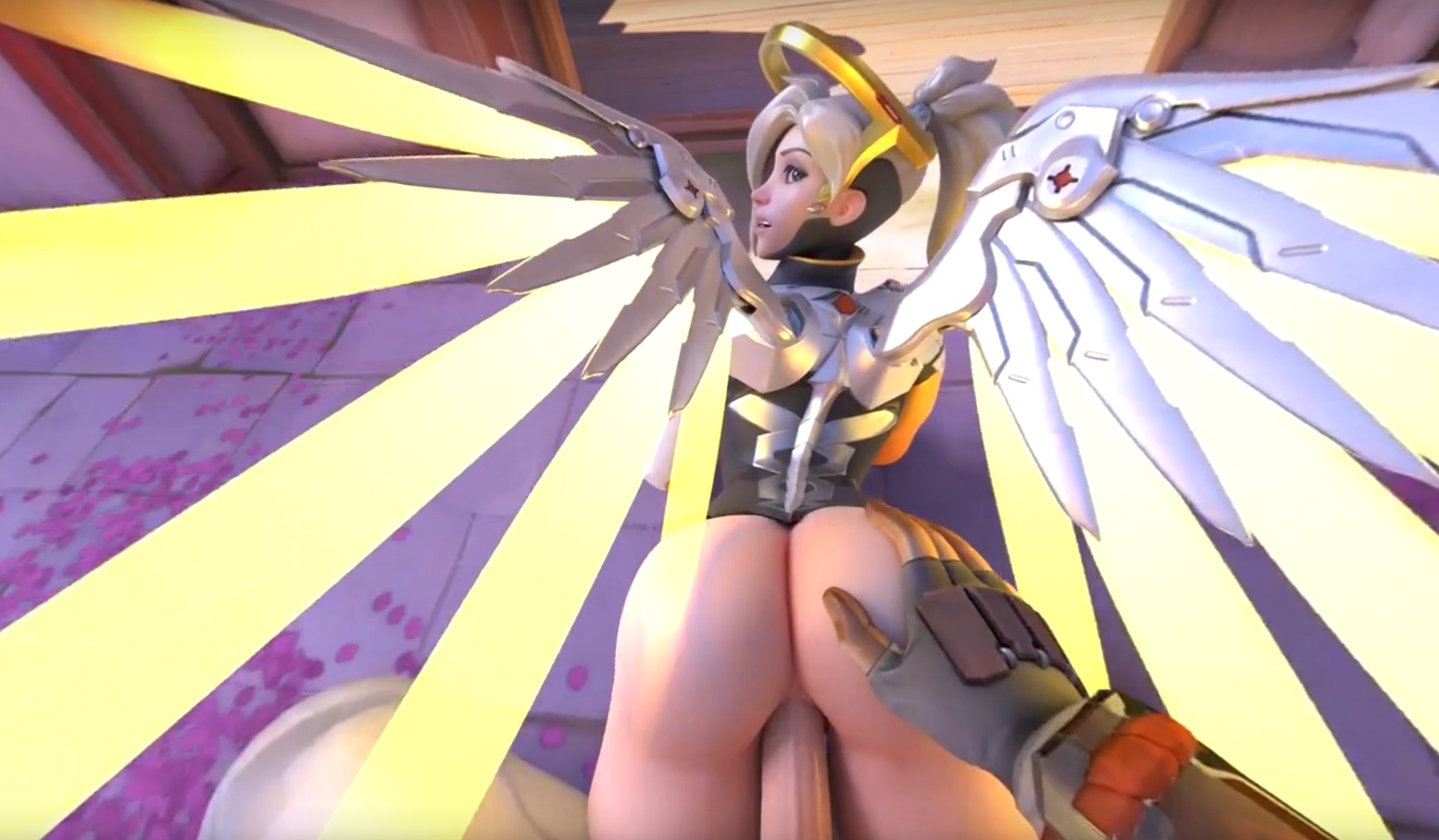 Overwatch Mercy character in a prone position during a POV scene, featuring 4K resolution and 180 degree VR viewing from Mets3D.