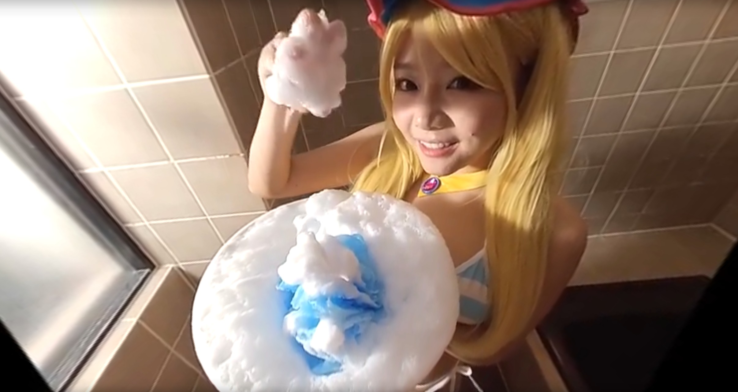 A blonde woman in cosplay performs a POV blowjob in a VR production with 60 FPS and premium quality settings.