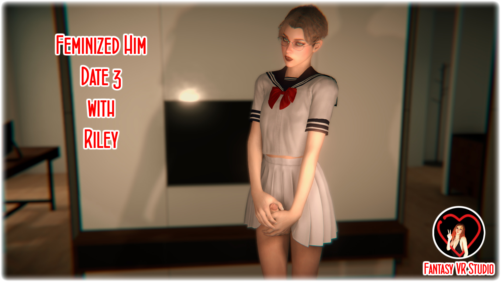 POV of a teen cosplayer performing a blowjob in a 4K VR scene from FantasyVR Studio featuring Riley.
