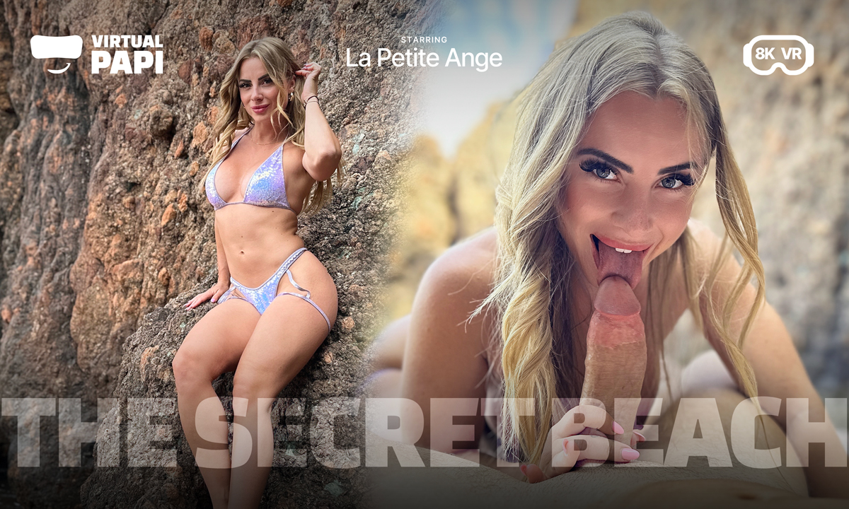 La Petite Ange performs a blowjob on a beach in this 4K VR POV video by Virtual Papi